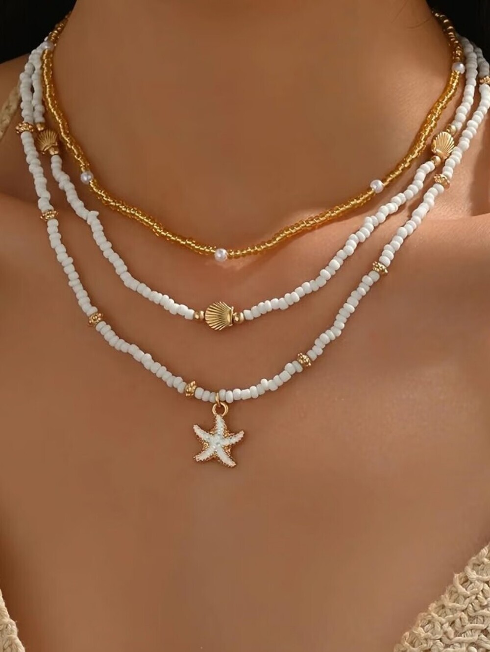 Shell Starfish Necklace Boho Beach Vacation Gold Plated Layered Charm Necklace